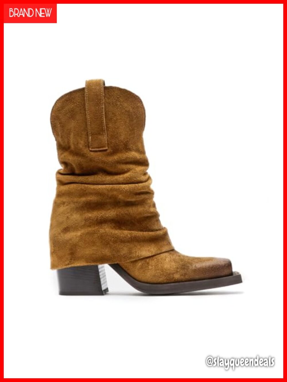 Faux Suede Fold Over Boots Square Toe Chunky Block Heel Pull On Booties